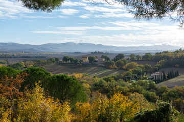 Fototapeta premium Hiking on hills of Val d'Orcia near Bagno Vignoni and view on Rocco d'Orcia, Tuscany, Italy. Tuscan landscape with cypress trees, vineyards, forests and ploughed fields in autumn.