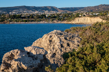 View on Coral bay in Peyia, Mediterranean sea near Paphos, Cyprus, Coral beach at morning