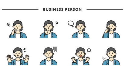 女性社員の表情とジェスチャーのイラスト素材セット