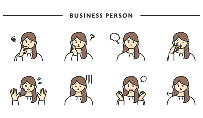 女性社員の表情とジェスチャーのイラスト素材セット