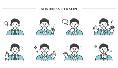 若い男性の表情とジェスチャーのイラスト素材セット