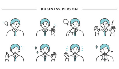 若い男性の表情とジェスチャーのイラスト素材セット