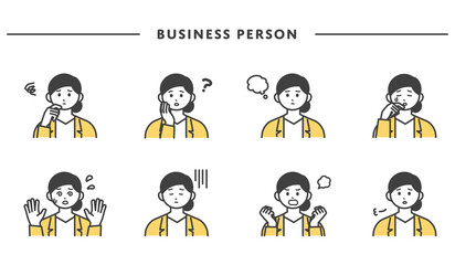 女性社員の表情とジェスチャーのイラスト素材セット