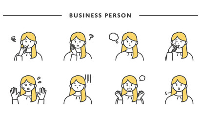 女性社員の表情とジェスチャーのイラスト素材セット