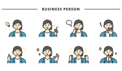 女性社員の表情とジェスチャーのイラスト素材セット