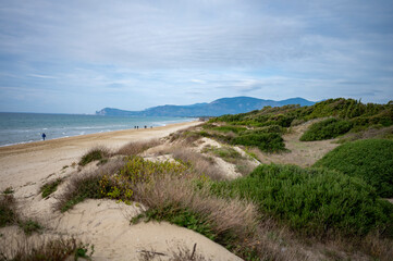 Aerial view on sandy dunes, beach and coastline of Tyrrhenian sea between two touristic towns Sperlonga and Terracina in Lazio, Italy