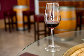 Wine industry of Cyprus island, tasting of red dry wine on winery located on south slopes of Troodos mountain range.