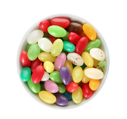 Bowl with multicolored jelly beans on white background