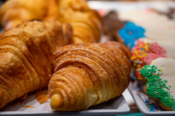 Fresh baked croissant in small French bakery