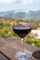 Wine industry of Cyprus island, tasting of red dry wine on winery with view on vineyards and south slopes of Troodos mountain range.