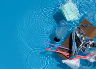 Dirty river with trash and plastic Freshwater pollution concept,top view