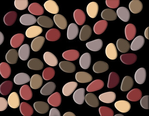 Colored pebbles are seen on a black background in this 3-d illustration background image.