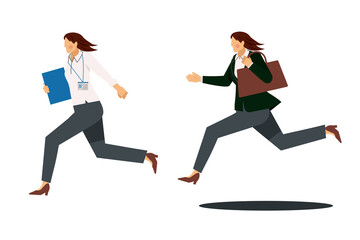 Fototapeta na wymiar 急ぐ、走る2種のアジア人モンゴロイド女性のビジネスマン。会社員のアバター、イラストセット白背景