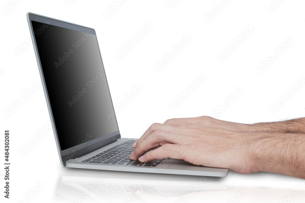 Wall mural man hands writing on laptop, isolated on white