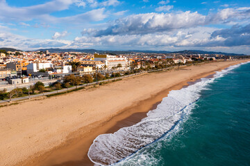 Aerial photo of Mediterranean coast in Malgrat de Mar, Catalonia, Spain.