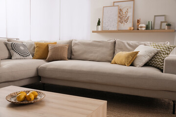 Stylish living room interior with comfortable grey sofa and different decor elements