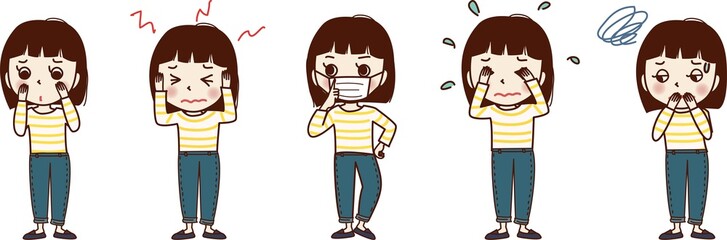 調子の悪い女の子のセットイラスト。