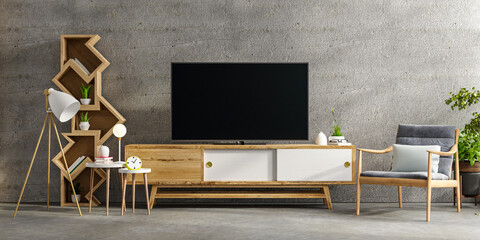 Cabinet TV in modern living room with armchair and plant on concrete wall background.