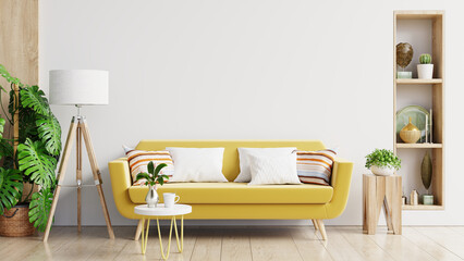 Mockup living room interior with yellow sofa on empty white color wall background.