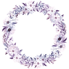 Spring flowers wreath. Isolated clip art element for design of invitations, cards. Arrangement of pink and white wildflowers in the form of a wreath.