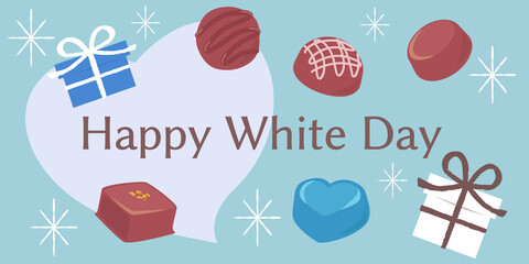 ホワイトデー　イラスト背景素材　チョコとギフトボックス　バナー　横長