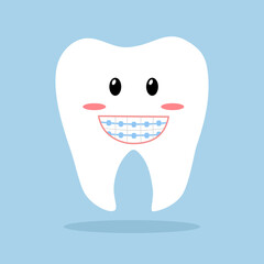 Cute tooth with orthodontic bracket cartoon character in flat design. Dental orthodontic treatment.