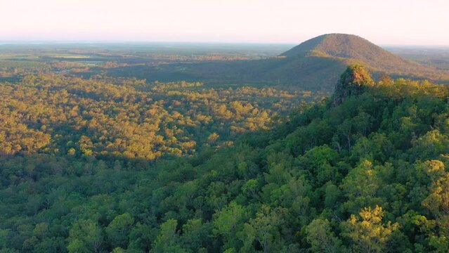 Aerial view of Mt Tibrogargan, Glass House Mountains, Sunshine Coast Hinterland, Queensland, Australia.