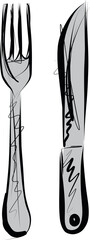 cutlery set sketch. Fork and knife drawing illustration