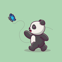 cute panda catching butterfly cartoon illustration 