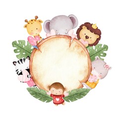 Watercolor cute safari animal with wooden sign template  © Stella