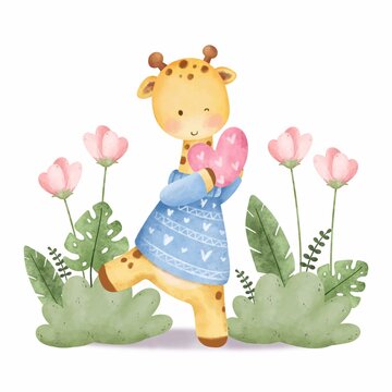 Watercolor cute baby giraffe and pink flower 