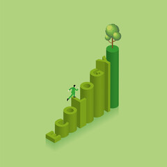 Green concept of environmental concern, Earth day, growing, save the planet, Eco friendly. A man runs and steps up a stair text word ECOLOGY with a tree on top. Isometric Vector Illustration.
