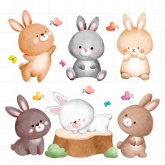 Watercolor set of rabbit and butterfly 