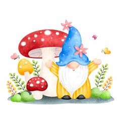 Watercolor spring gnome in the garden