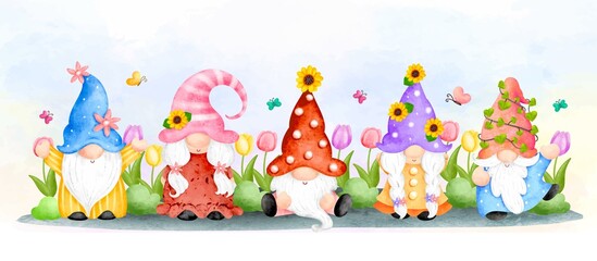 Watercolor spring gnome in the garden banner background 