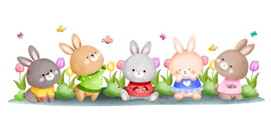 Obraz premium Watercolor rabbit and mushroom in the garden banner background 