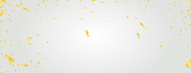Celebration background template with confetti and gold ribbons.