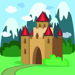 vector illustration of a cute vintage princess castle with red roofs, in a mountain landscape with clouds 