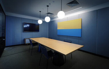 Modern conference room with furniture, big windows and night city view. 3D Rendering