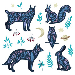 Set of mystic wild animals in doodle boho scandinavian style, owl, wolf and rabbit with stars and plant elements isolated on white background.