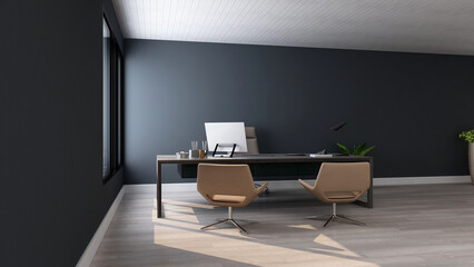 3d office minimalist room with wooden design interior