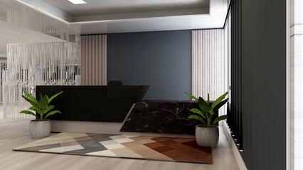 office front desk or receptionist room with wooden design interior
