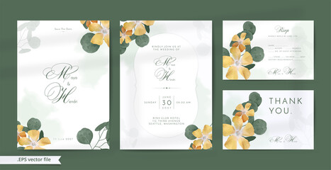 Naklejka premium Beautiful green wedding invitation with leaves and flower watercolor ornaments