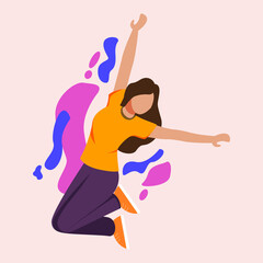 Happy positive woman jumping. Concept of victory celebrating. office worker feeling happiness.. Vector colorful illustration.