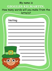 Patrick day word game for kids in English vector. Anagram game for children colorful vertical printable worksheet. Create and write as many words as you can by given letters of the leprechaun name