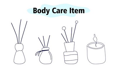A set of aromatic items for the bathroom. Scented candle and sticks. Body care. Vector illustration in linear design on a white background.