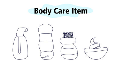 A set of items for the bathroom. Dispenser and shampoo, shaving foam and a bottle for cosmetics. Body care. Vector illustration in linear design on a white background.