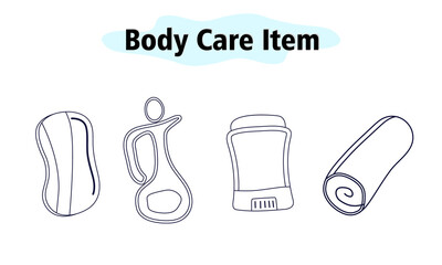 A set of items for the bathroom. Solid soap and deodorant, perfume and towel. Body care. Vector illustration in linear on a white background.