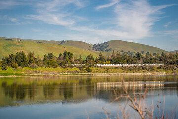 Scenic view of Quarry Lakes,  Fremont. Bart drives past the lake.