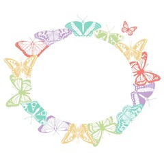 Frame decorated by butterflies. Insects with different shaped wings. Space for text. Wedding invitation or social media post. Vector illustration.